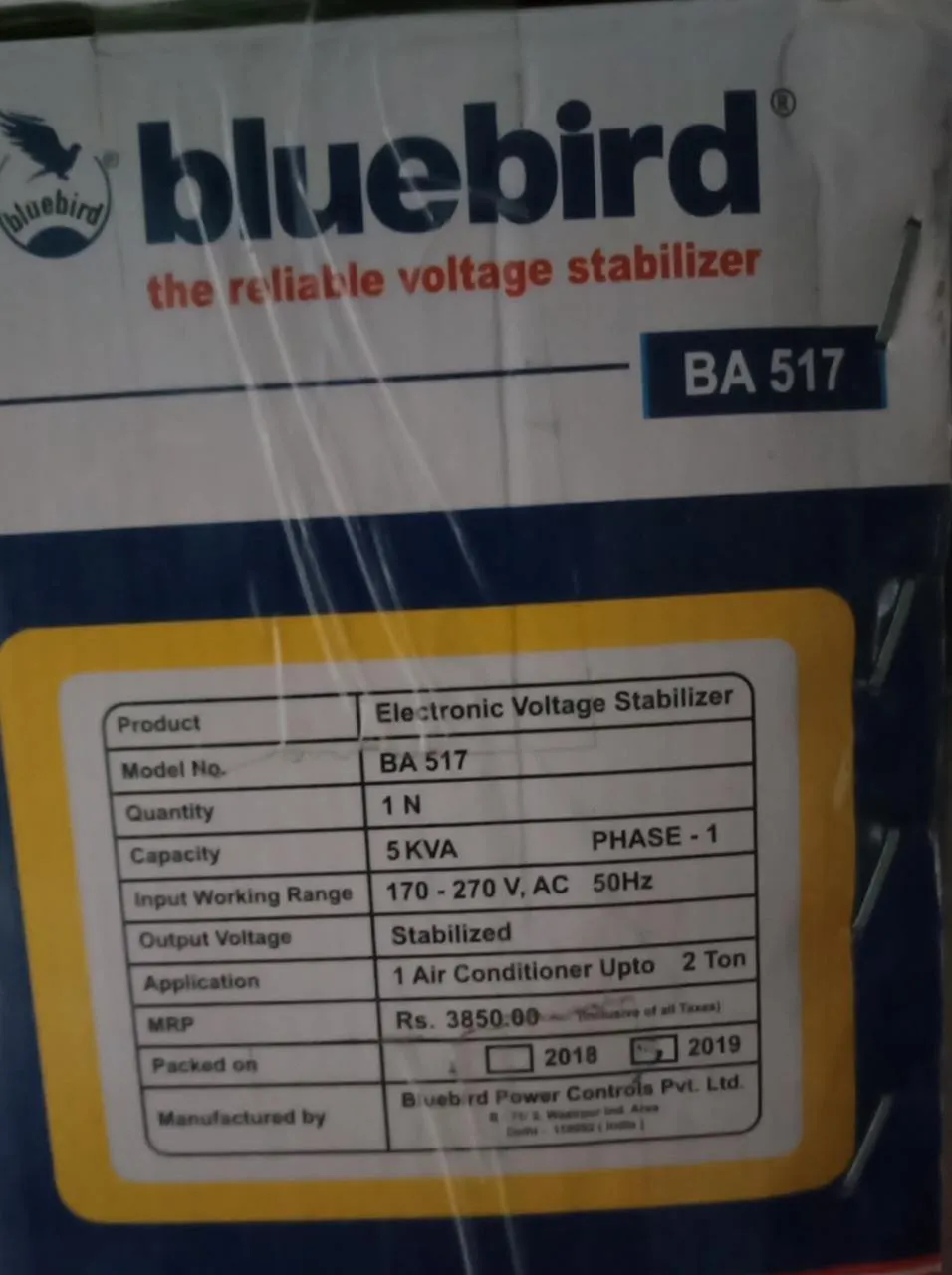 Bluebird 5 KVA Voltage Stabilizer for AC (170V-270V) | Suitable for 2 Ton Air Conditioners | High-Low Cut-Off Protection | 2 Years Warranty