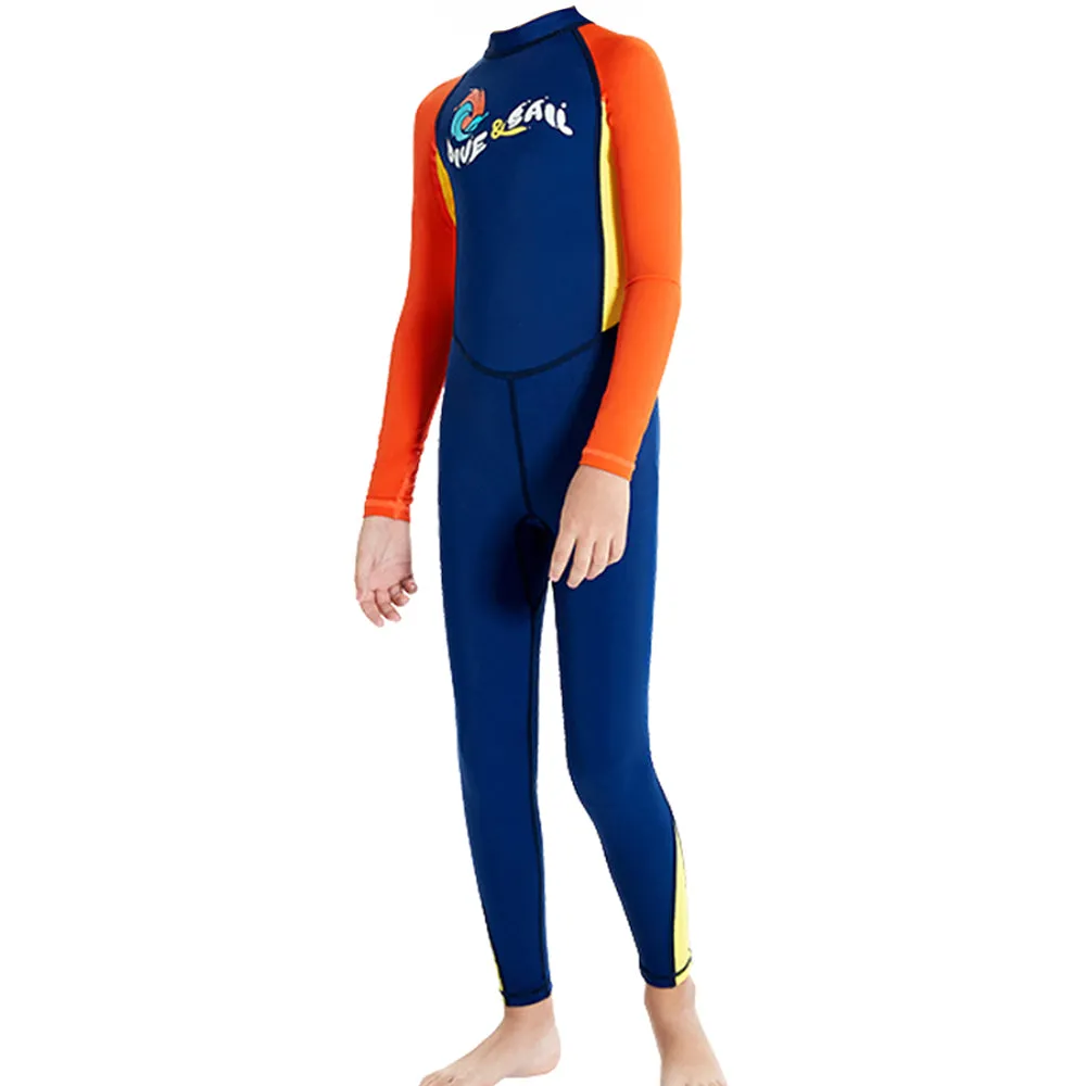 Full Length Dive Navy & Orange Printed Kids Swimwear In Upf 50  Fabric