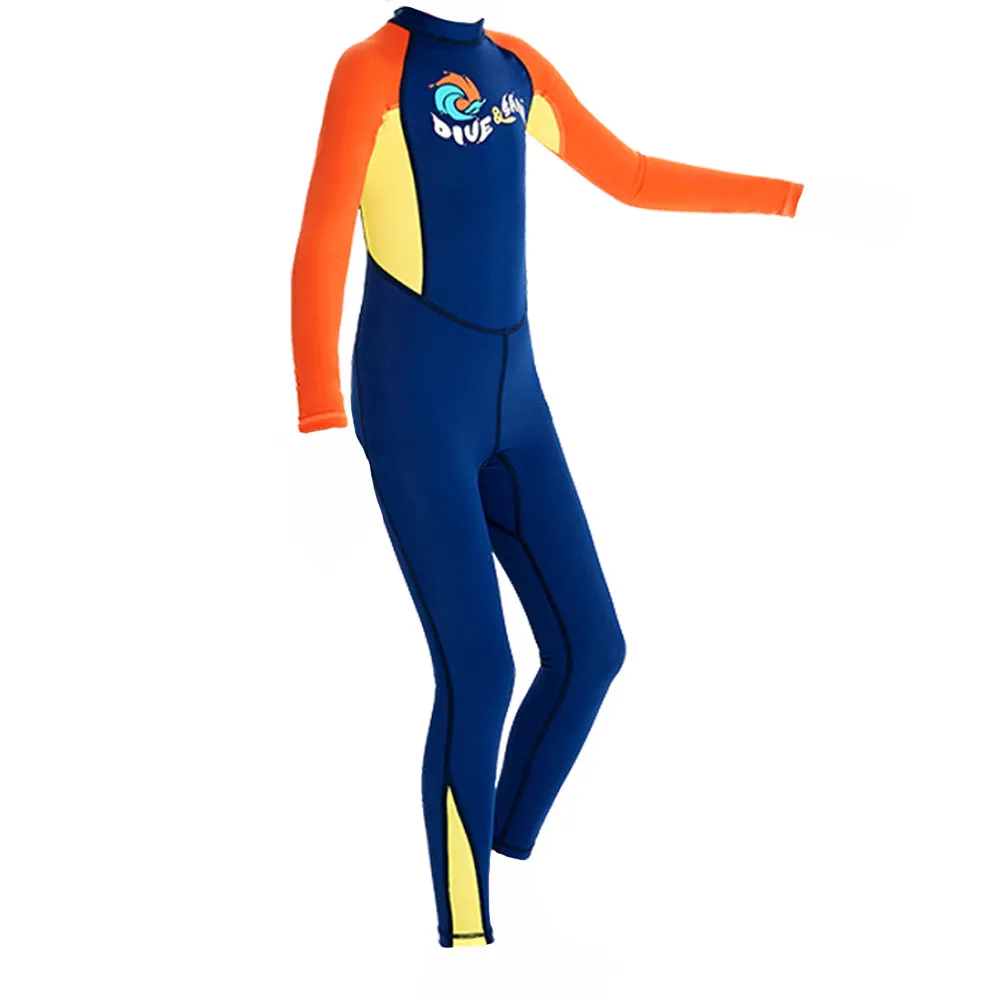 Full Length Dive Navy & Orange Printed Kids Swimwear In Upf 50  Fabric