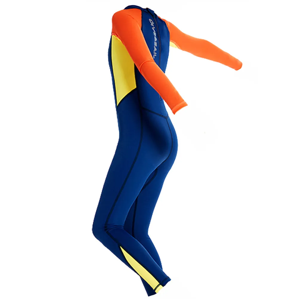 Full Length Dive Navy & Orange Printed Kids Swimwear In Upf 50  Fabric