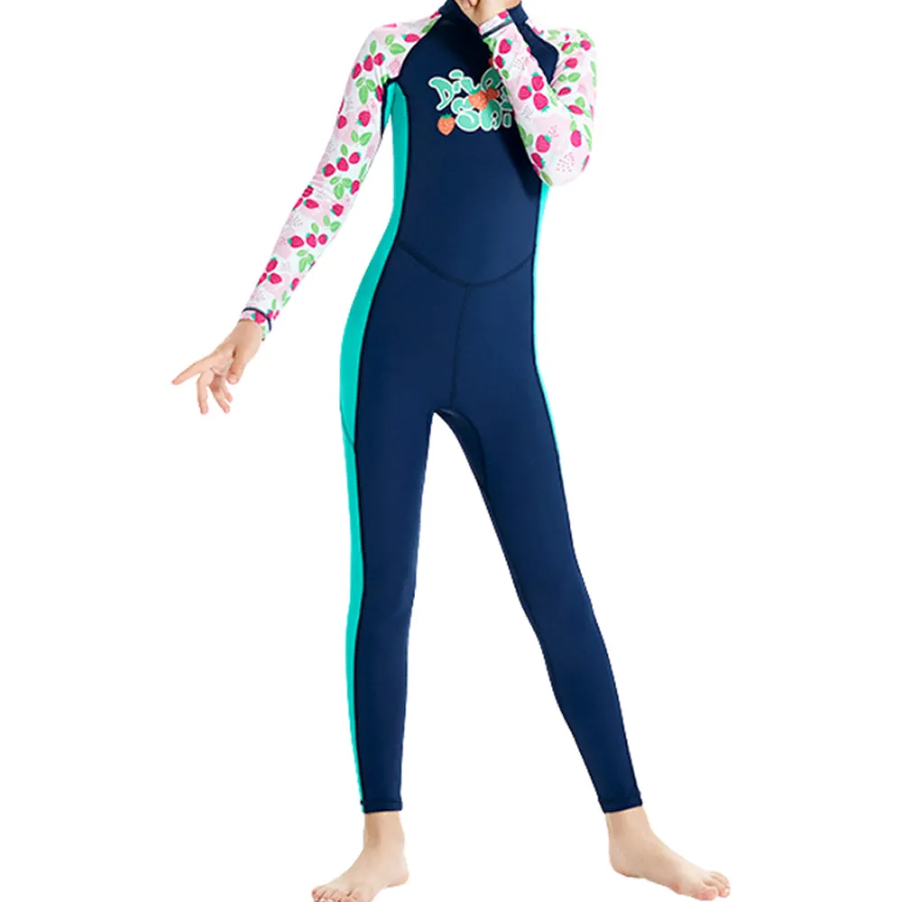 Full Length Dive Navy Strawberry Printed Kids Swimwear In Upf 50  Fabric