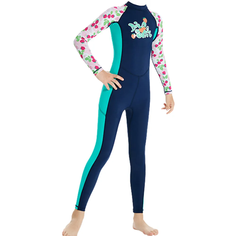 Full Length Dive Navy Strawberry Printed Kids Swimwear In Upf 50  Fabric