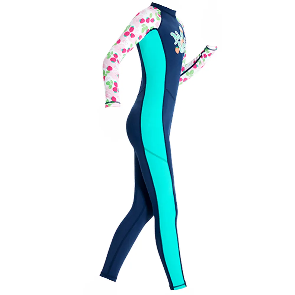 Full Length Dive Navy Strawberry Printed Kids Swimwear In Upf 50  Fabric