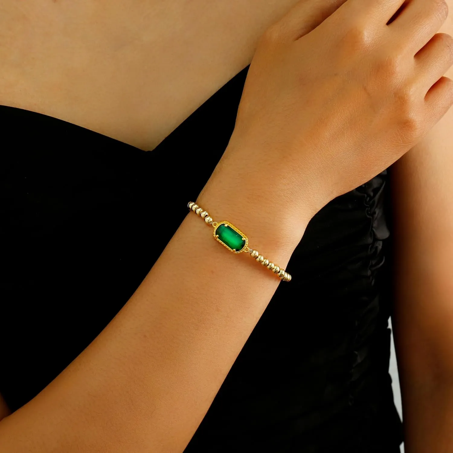Gemstone Birthstone Bracelets For Women 14k Plated Gold Beaded Stretch Elastic Bead Ball Bracelets Trendy Dainty Jewelry Gifts