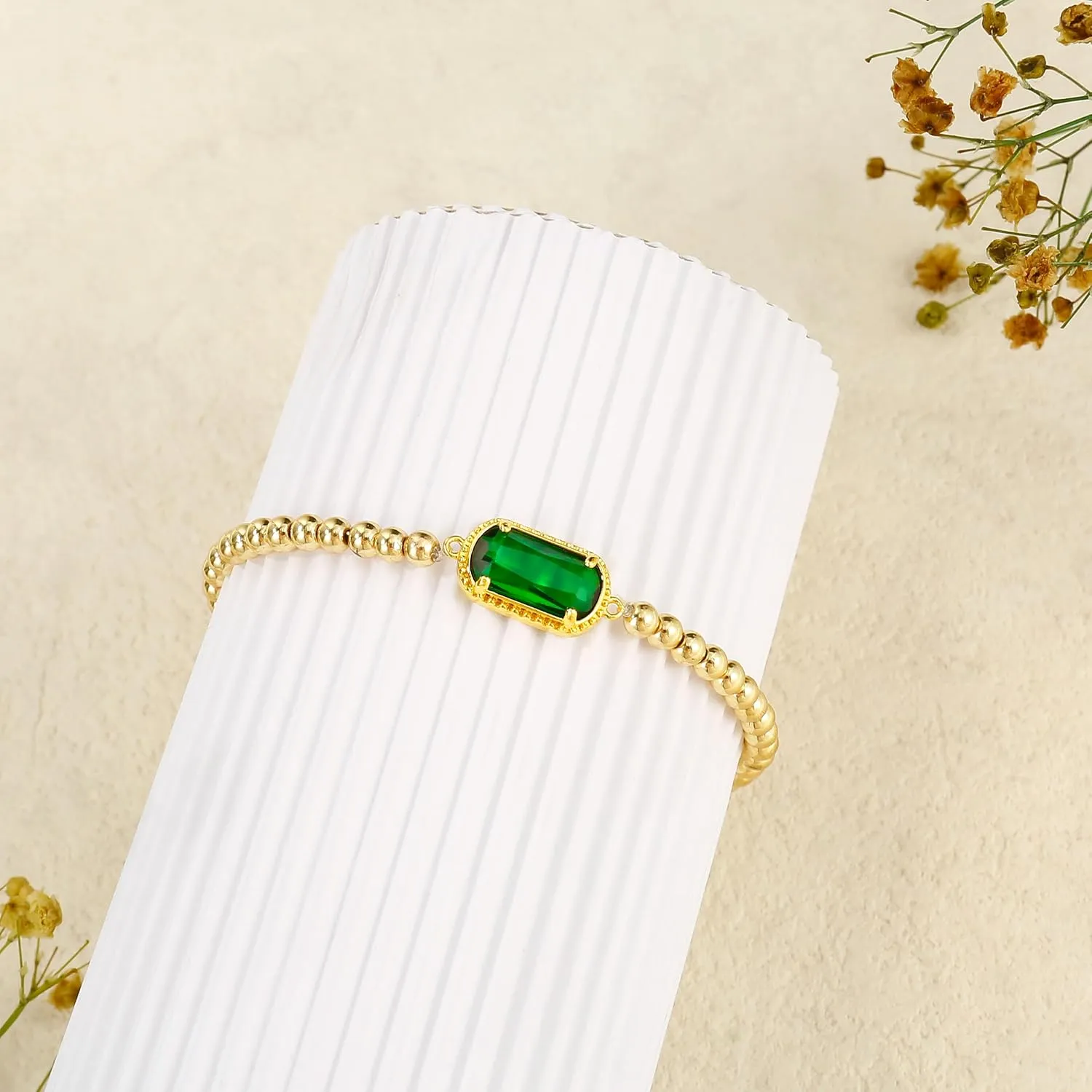 Gemstone Birthstone Bracelets For Women 14k Plated Gold Beaded Stretch Elastic Bead Ball Bracelets Trendy Dainty Jewelry Gifts